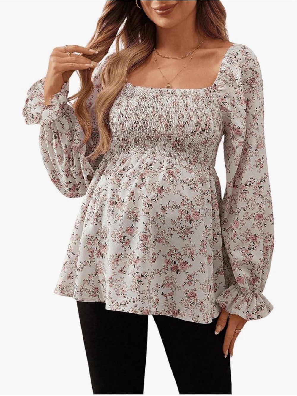 Smocked Square Neck Floral Maternity Top - Pink Floral